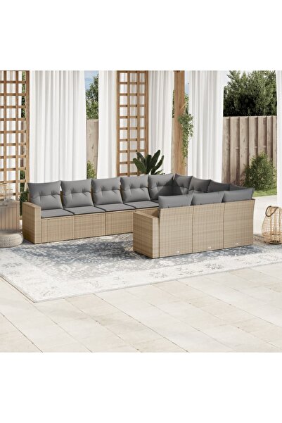 vidaxl Garden sofa set with cushions, 10 pieces, beige, polyrattan