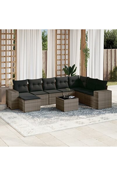 vidaxl Garden sofa set, 9 pieces, with cushions, grey, polyrattan