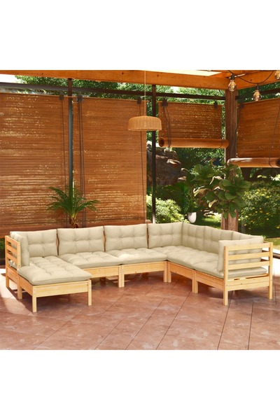 vidaxl Set mobilier gradina cu perne crem, 7 piese, lemn masiv pin