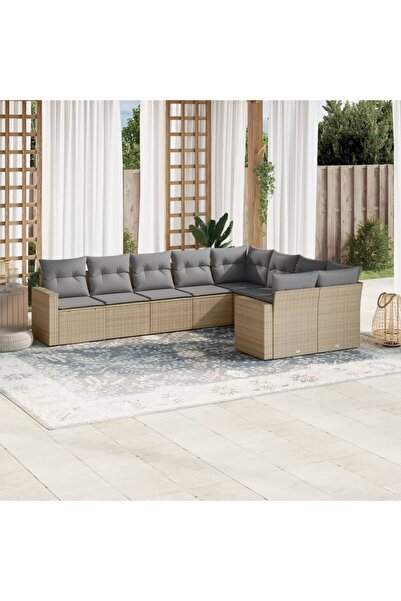 vidaxl Set canapele de gradina, 9 piese, cu perne, bej, poliratan