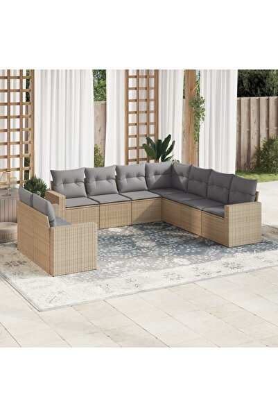 vidaxl Set canapele de gradina, 9 piese, cu perne, bej, poliratan