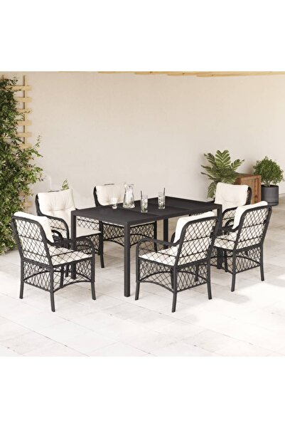 vidaxl Set mobilier de gradina cu perne, 7 piese, negru, poliratan