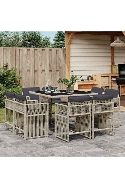 vidaxl Set mobilier gradina cu perne, 9 piese, gri deschis, poliratan