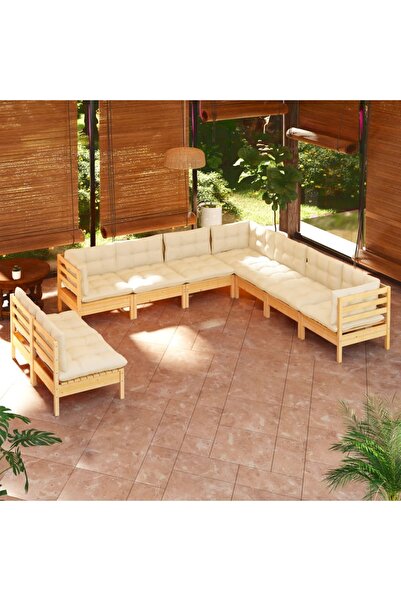 vidaxl Set mobilier gradina cu perne crem, 9 piese, lemn masiv de pin