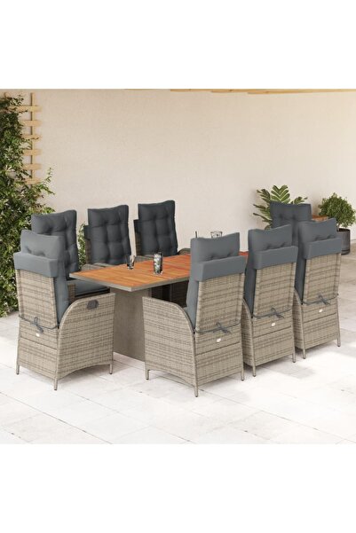 vidaxl Garden furniture set with cushions, 9 pieces, grey, polyrattan