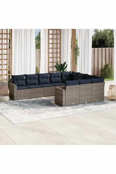 vidaxl Garden sofa set with cushions, 10 pieces, grey, polyrattan