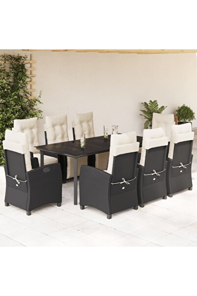 vidaxl Garden furniture set with cushions, 9 pieces, black, polyrattan