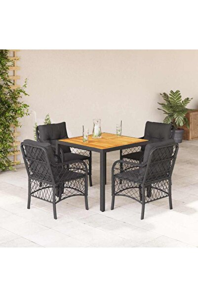 vidaxl Garden furniture set with cushions, 5 pieces, black, polyrattan