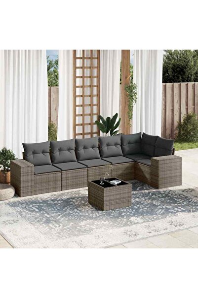 vidaxl 7-piece garden sofa set with cushions, grey, polyrattan