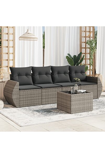 vidaxl Set canapea de gradina cu perne, 5 piese, gri, poliratan
