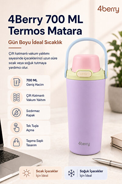 4 Berry 700 ML Termos Matara Çift Cidarlı Vakum Yalıtımlı Sıcak Soğuk Tutan S...