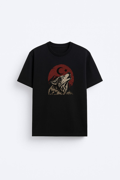 AYDESİGN Tricou negru din țesătură 100% bumbac cu imprimeu turcesc Bozkurt Kurt
