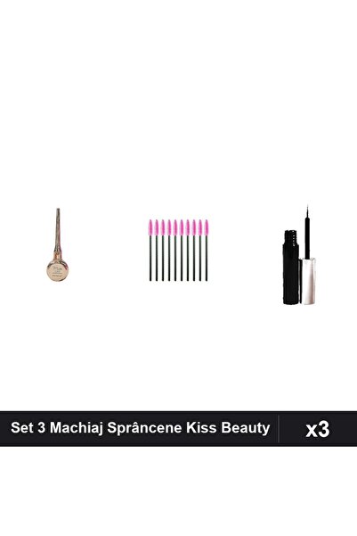 Makeup Set 3 Produse Machiaj Sprâncene Kiss Beauty, Eyeliner Negru, Perii Gen...