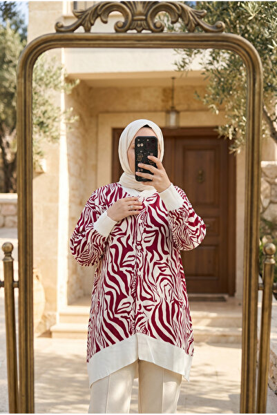 Kirazca Butik Women's Geometric Patterned Ribbed Decorated Loose Fit Hijab Tunic