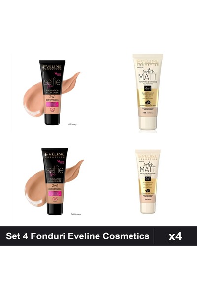 Makeup Set 4 Fonduri de Ten Eveline Cosmetics, Selfie Time & Satin Matt, 4x30...