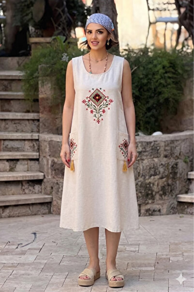 Nevin Kaya Moda Kilim Embroidered Sleeveless Linen Dress