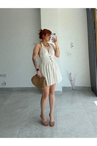 Bak'ap Premium 100% Cotton Linen Marly More Halter Neck Backless Mini Dress