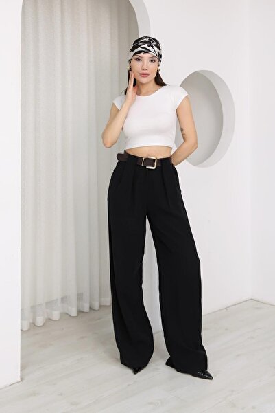 FAMODA Black High Waist Double Pleated Belted Palazzo Trousers