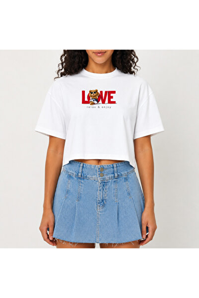 URBANTRENDSTORE Crop T-shirt με λευκό σχέδιο, άνετη εφαρμογή, ακατέργαστη κοπ...
