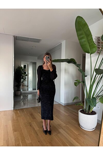 MERVE AKSOY Kalp Yaka Midi Boy Simli Elbise - Siyah