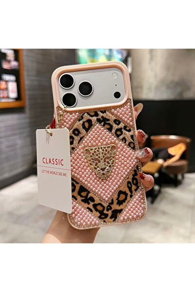 WFC iPhone 16 Pro Max Leopar Desenli Tüylü İnci Taşlı Telefon Kılıfı