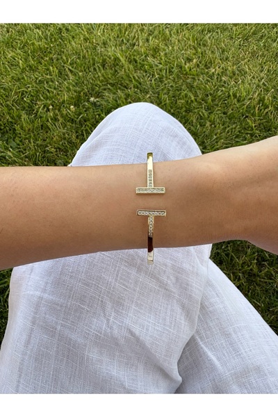 Emine seker jewelry T Model Zirkon Taş Detaylı 14K Kaplama Kararmaz Kelepçe