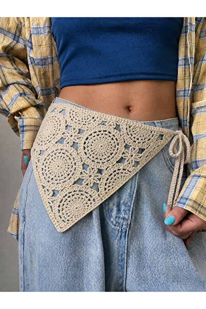 synshop Cream Knitted Sunflower Daisy Triangle Waist Bandana Women Bohemian V...
