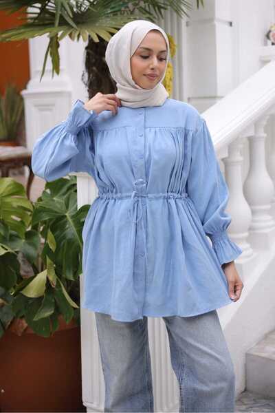 İmajButik Baby Blue Buttoned Sleeves, Elastic Waist, Tie-Up Modal Woven Shirt