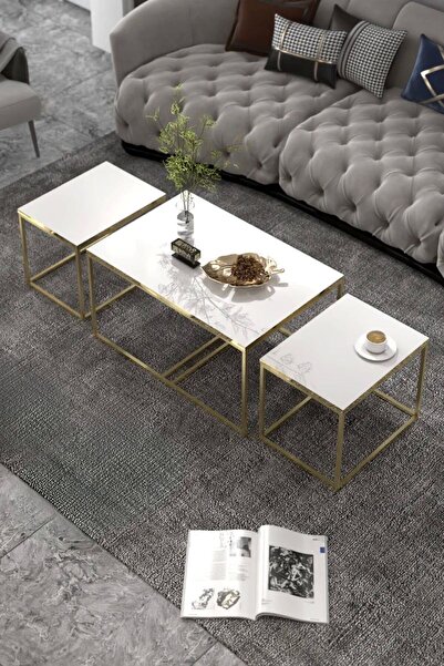 Sepetink Orta Sehpa Ve Zigon Yan Sehpa Flora Set Gold Beyaz