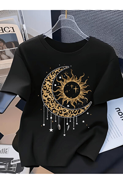 one button Tricou supradimensionat premium cu imprimeu leopard, stele și lună