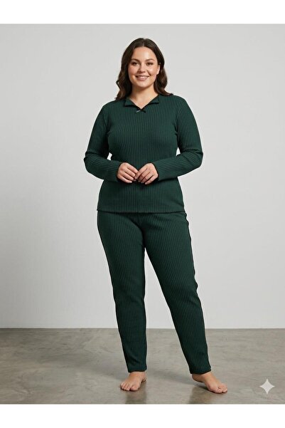 FAMES PİJAMA Seasonal Women's Long Sleeve Dark Green Ribbed Pajama Set