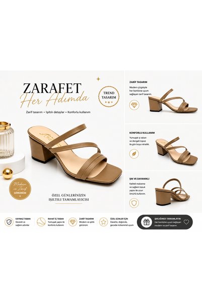 KuMsaL Butik Ayakkabı Kumsal Skin Leather Medium Size Thick Heeled Stylish Women's Slippers