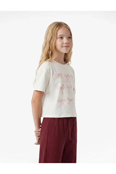 Koton Stone Detailed Short Sleeve Crew Neck Cotton Bow Printed T-Shirt