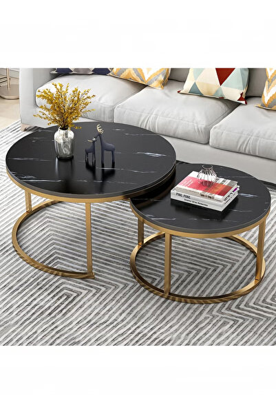 table Nesting Table, Coffee Set, Golden Frame Circular Round and Marble Patte...