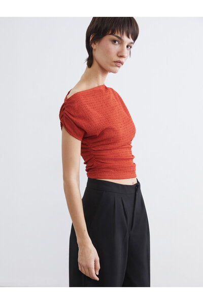 LC Waikiki Women's Slash Neck Textured Ruched Crop Blouse
