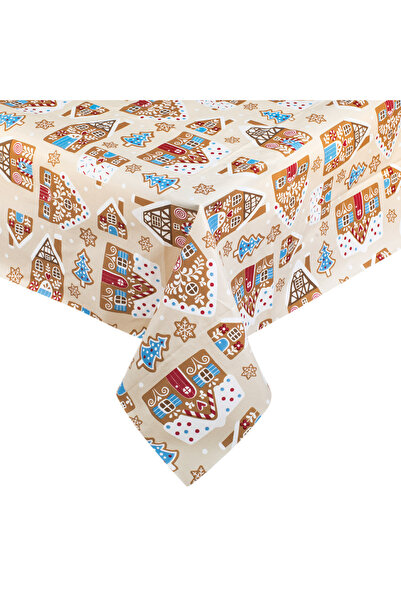 Zumzeria Decorative Ecru Tablecloth with Christmas Gingerbread Figures 180x140cm