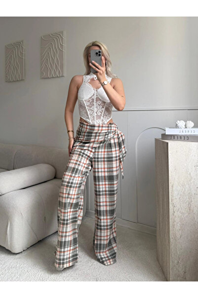 Zora Butik Bel Fular Ekose Pantolon - HAKİ