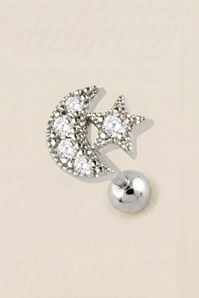 Hetra Gümüş Renkli Cerrahi Çelik Zirkon Taşlı Ay Yıldız Tragus Piercing – Hel...