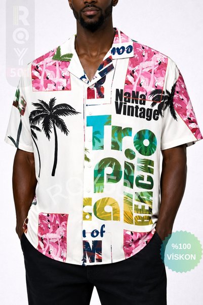 ROY501 Men's Short Sleeve Shirt Patterned Short Sleeve Shirt Summer Shirt Men's Oversized White Pink Shirt
