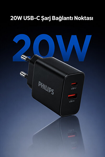 Philips 20W 2 Portlu Hızlı Şarj Adaptörü 1xUSB-A, 1xUSB-C