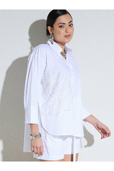 Sassafras By Styli White Poplin Embroidered Oversized Shirt