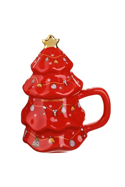Zumzeria Christmas Ceramic Mug Red Christmas Tree with Lid 450ml