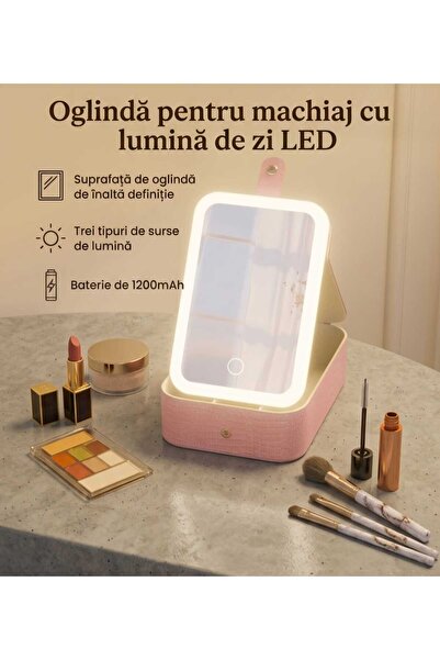 LALI ART Organizator Machiaj cu Oglindă LED Portabilă – 3 Moduri de Lumină, B...