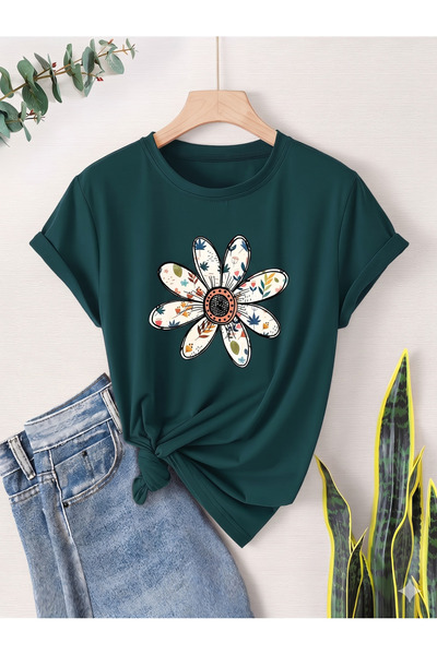 Trend Sizde Unisex Green Vintage-Floral Printed Crew Neck T-Shirt