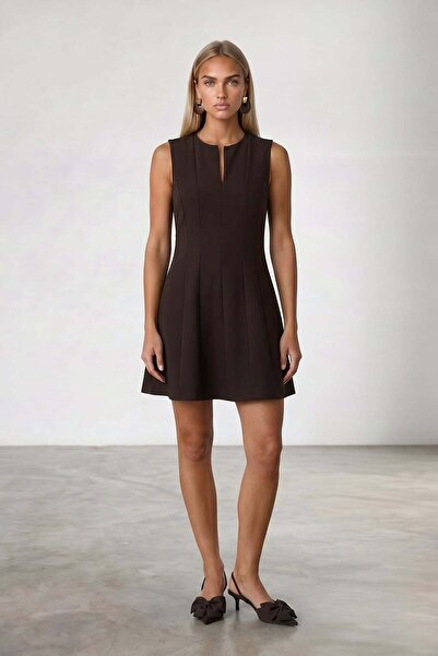 Trend Alaçatı Stili Women's brown slit neck mini length woven dress alc-x15532