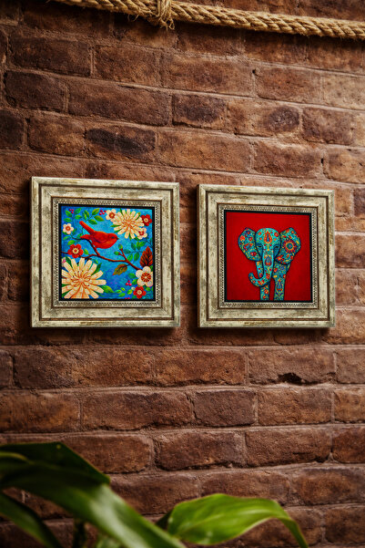 Sadrazam Motif Elephant and Red Bird and Flowers 25X25 cm Set of 2 Natural St...
