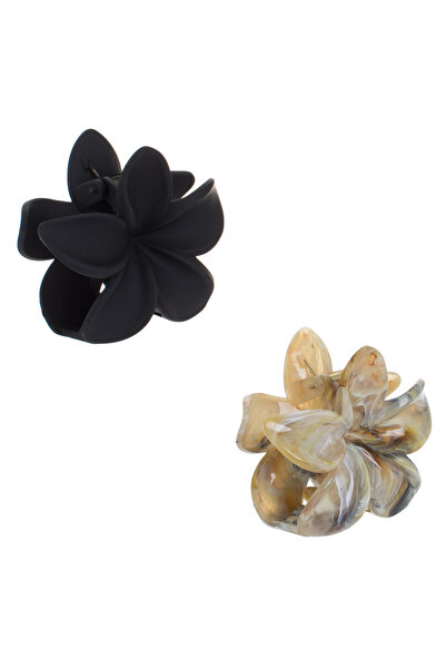 Zumzeria Set de agrafe de păr negre mate și cu flori de marmură, 8cm - 2 bucăți