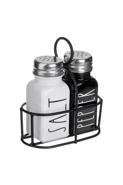 Zumzeria Set de sare și piper din sticlă neagră și albă cu bază metalică 85ml
