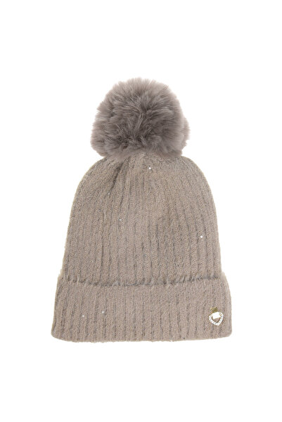 Zumzeria Taupe Knitted Hat with Sequins Lining & Pom Pom for Women