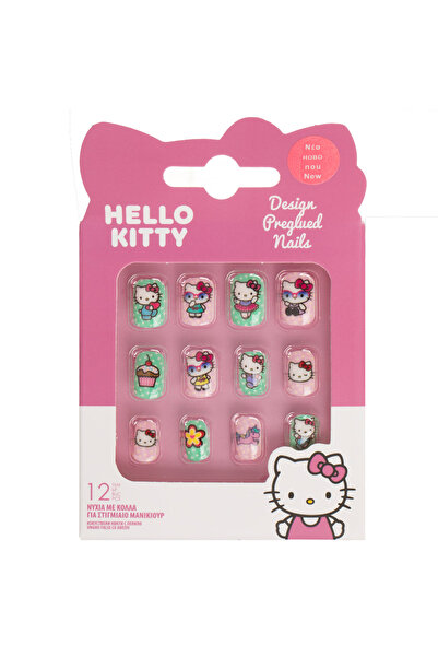 Zumzeria Unghii false adezive roz și verzi cu design Hello Kitty pentru copii...